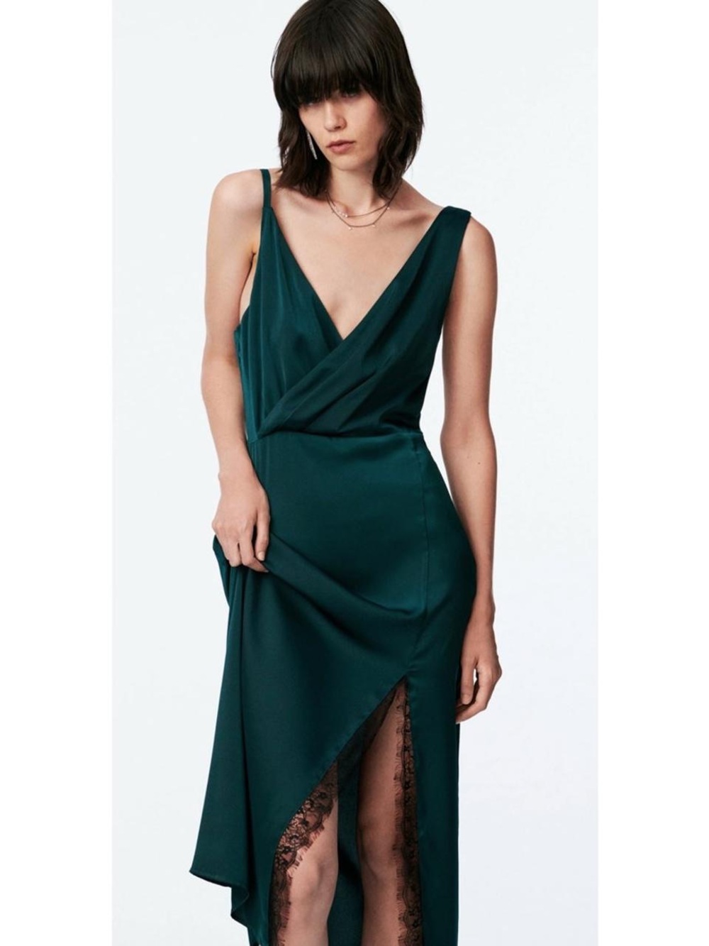Zara Deep Green Satin Midi Slip Dress with Lace Trim